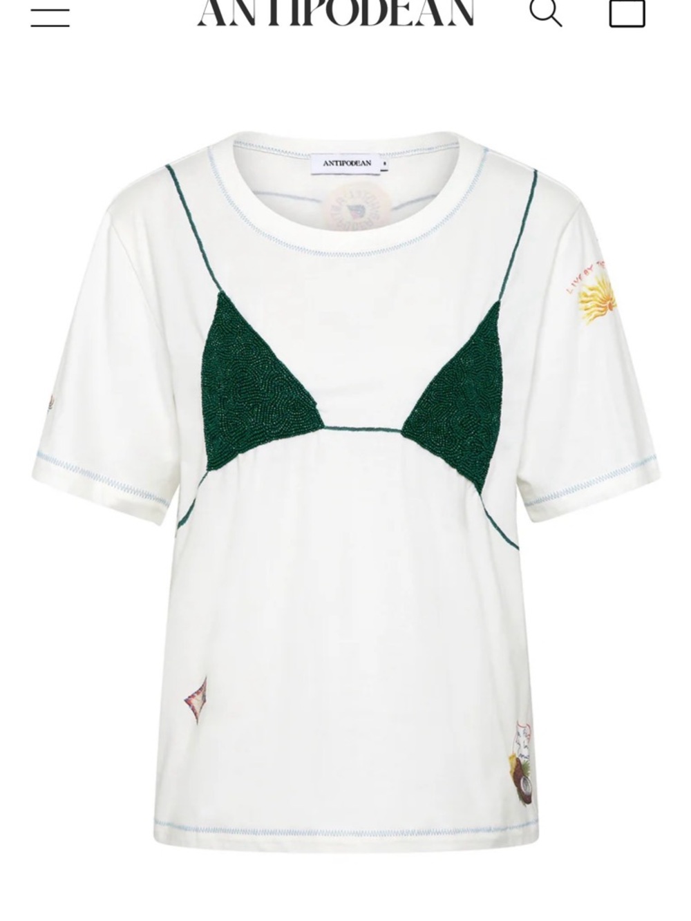 Antipodean White Tee with Green Embroidered Bikini Motif